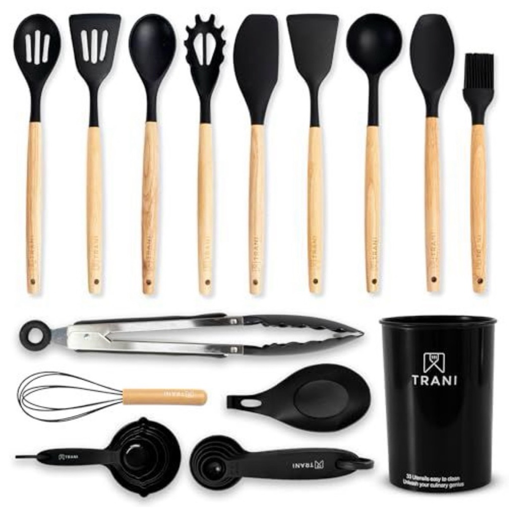 Wooden Handle Cooking Utensils with Bucket Storage - Black and Oak